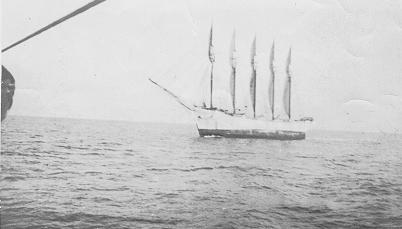 Black-and-white photograph of the five-masted schooner Carroll A. Deering under full sail