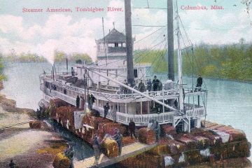 Vintage colored postcard of a Tombigbee River steamboat with twin smokestacks loaded with cotton bales at a riverbank landing