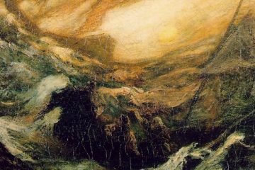 Turbulent painting in gold and dark green of a stormy sea and sky with a shadowy ship among the waves