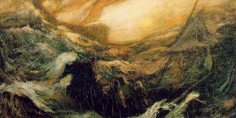 Turbulent painting in gold and dark green of a stormy sea and sky with a shadowy ship among the waves