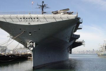 The bow of the aircraft carrier USS Hornet (CV-12) moored at Alameda, California