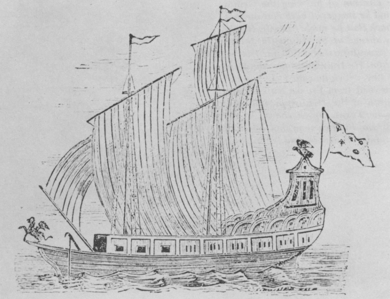 Black-and-white line drawing of a high-sterned sailing ship with billowing sails, a griffin figurehead at the bow and an eagle on the stern