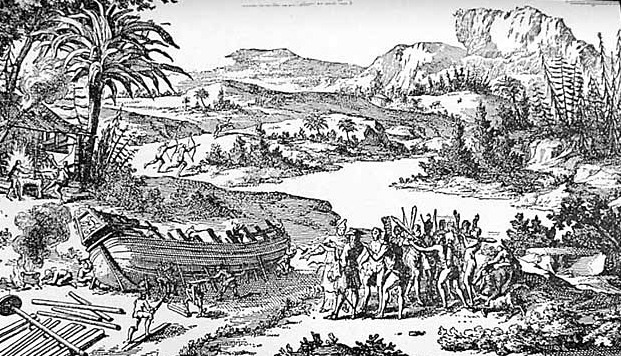 Old engraving of men building a wooden ship on the stocks beside a river, with workers sawing and carrying timber