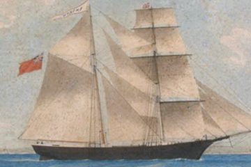 Painting of the brigantine Mary Celeste under full sail with a red ensign on a blue sea