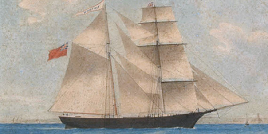 Painting of the brigantine Mary Celeste under full sail with a red ensign on a blue sea