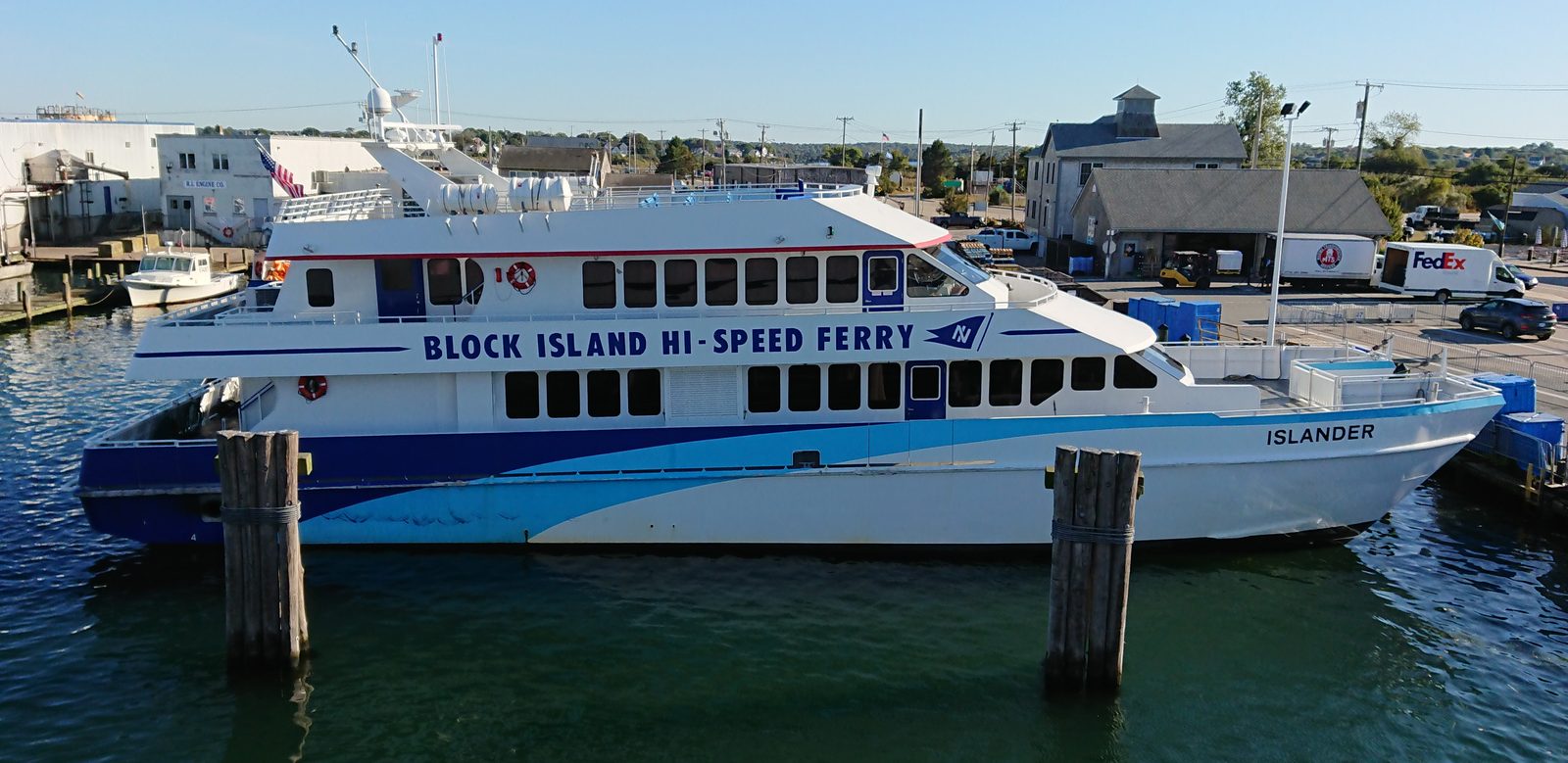 The Block Island high-speed ferry tied up at the dock in Point Judith, Rhode Island