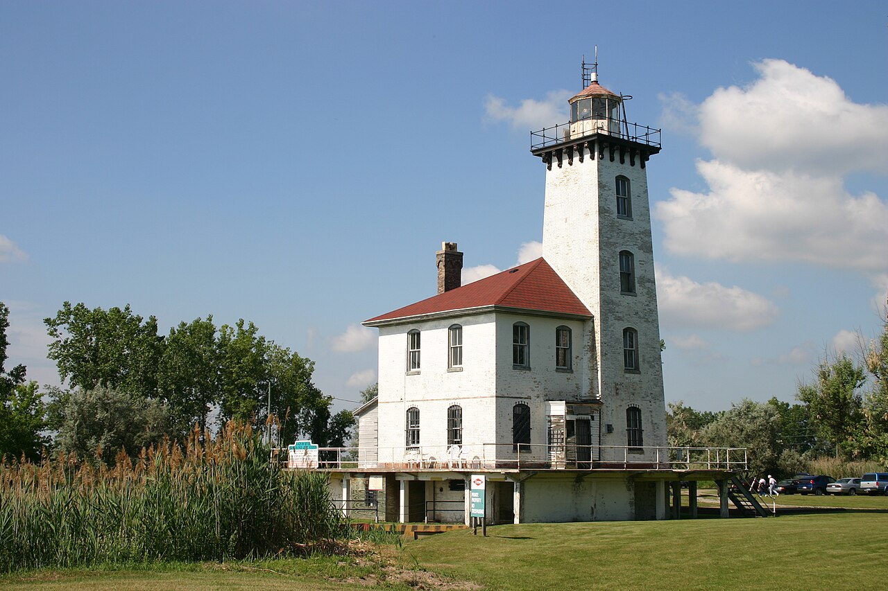 Saginaw River Rear Range Light, a square brick tower rising from a keeper's house near Bay City