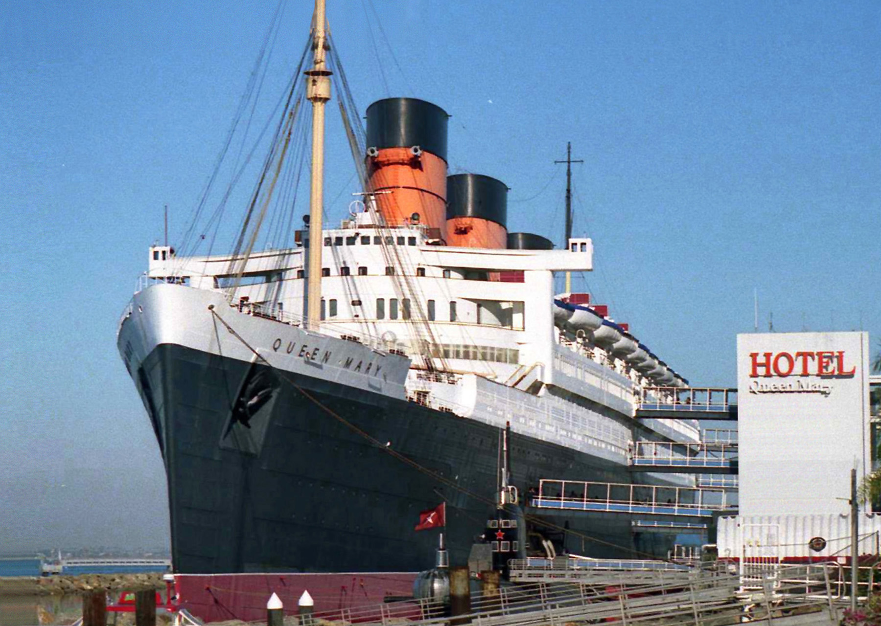 The Queen Mary ocean liner moored at Long Beach, California