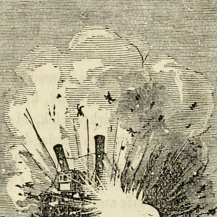 Period woodcut of a river steamboat being blown apart by a boiler explosion