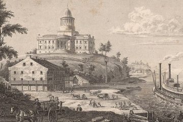 19th-century engraving of Jefferson City with the domed capitol on a bluff and a steamboat on the Missouri River