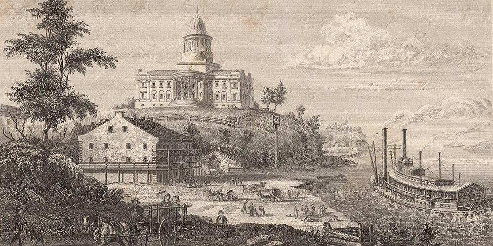 19th-century engraving of Jefferson City with the domed capitol on a bluff and a steamboat on the Missouri River